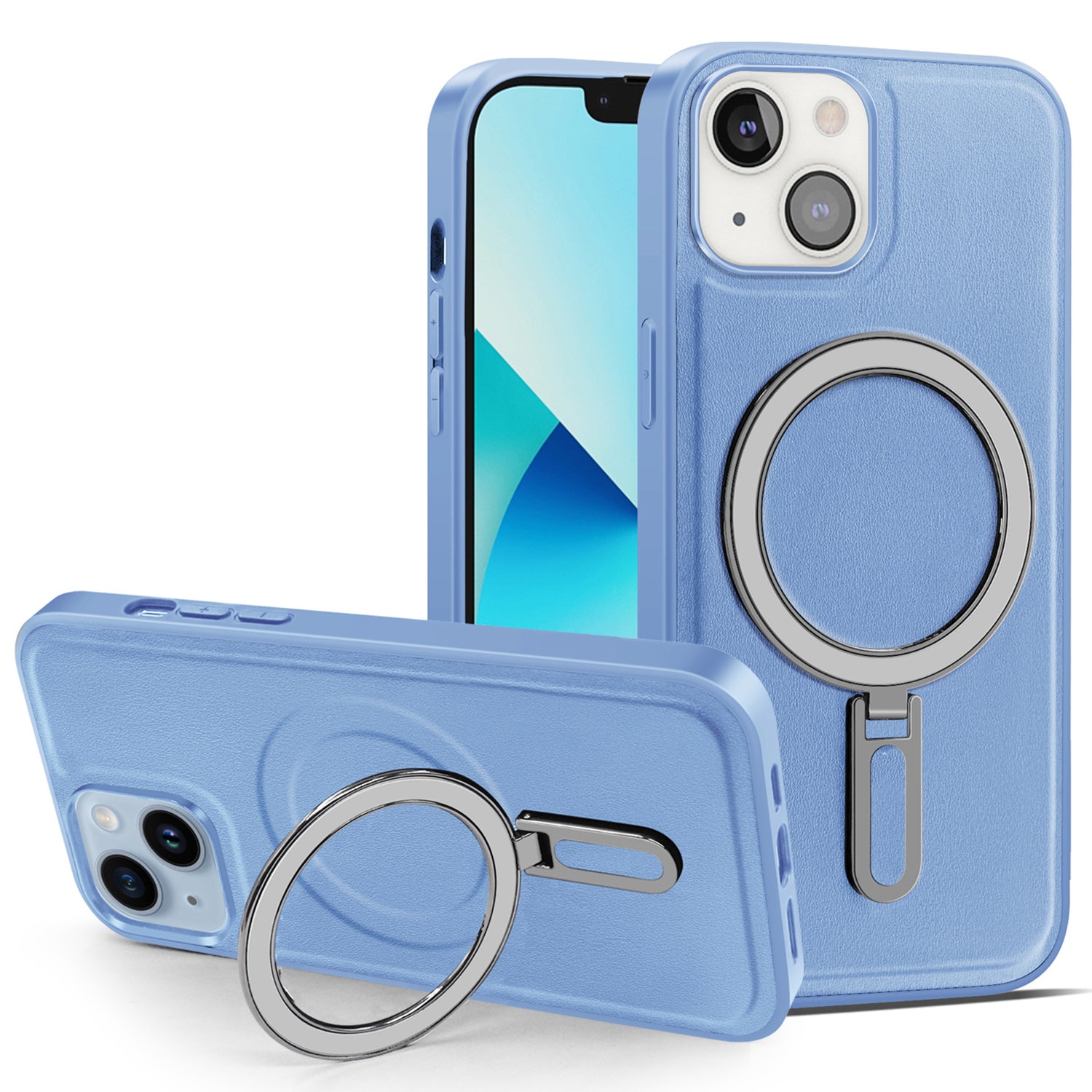 Uniqkart for iPhone 13 6.1 inch PU Leather Coated PC+TPU Phone Case Magnetic Cover with Kickstand - Baby Blue Uniqkart for iPhone 13 6.1 inch PU Leather Coated PC+TPU Phone Case Magnetic Cover with Kickstand - Baby Blue